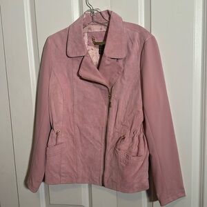 IMAN lined pink suede uneven zippered jacket, waist cinch tie, fabric sleeves, M